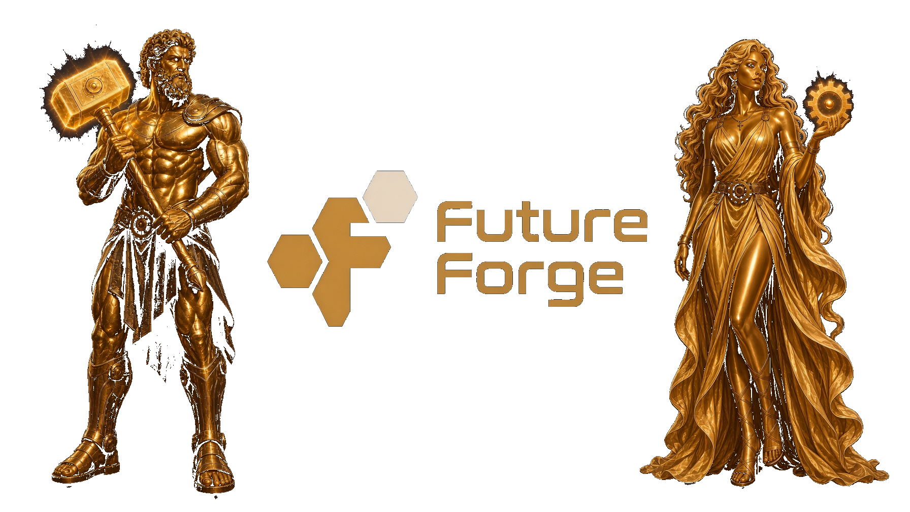 Hephaestus and Aphrodite flanking the Future Forge mark